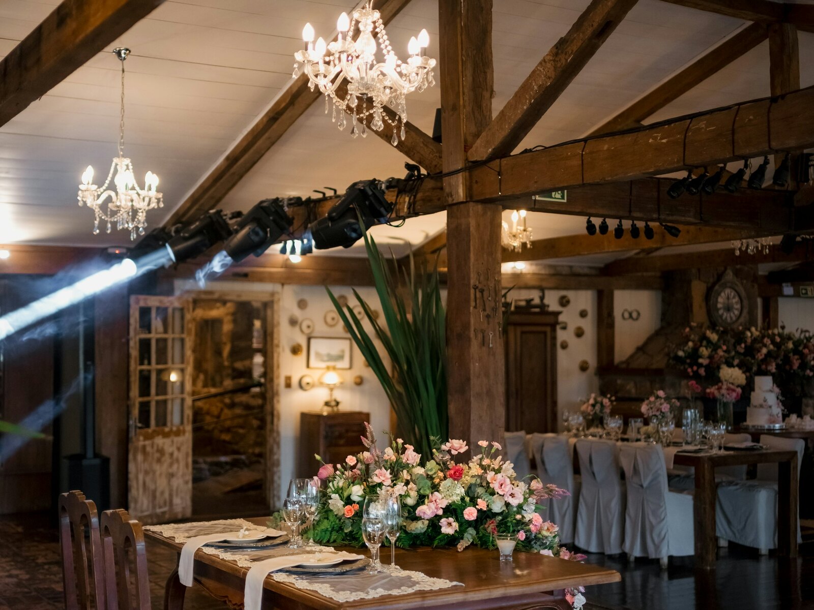 Restored barn interior with exposed oak beams
